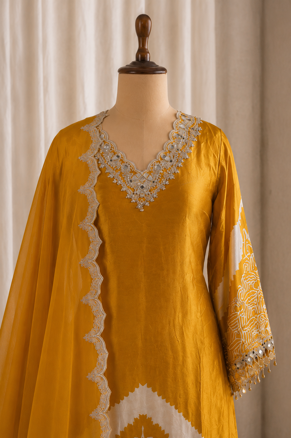 Charming Mustard-Yellow Kurti Styled Palazzo Suit On Satin