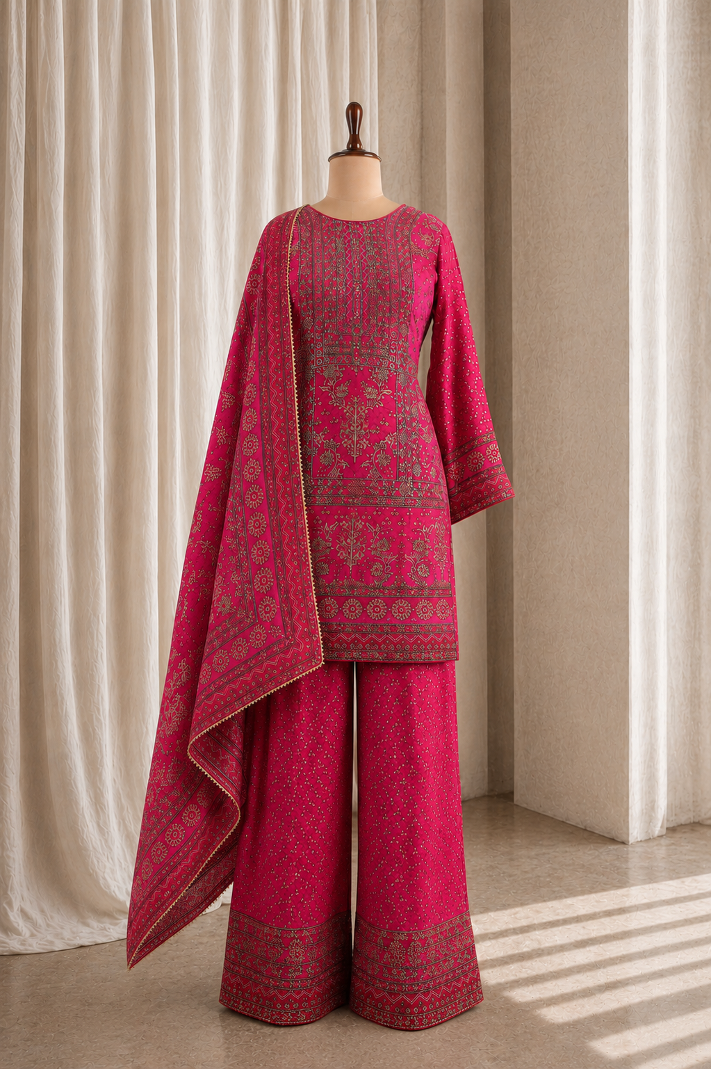 Fuchsia Pink Palazzo  Straight Cut Suit In Swarovski Work