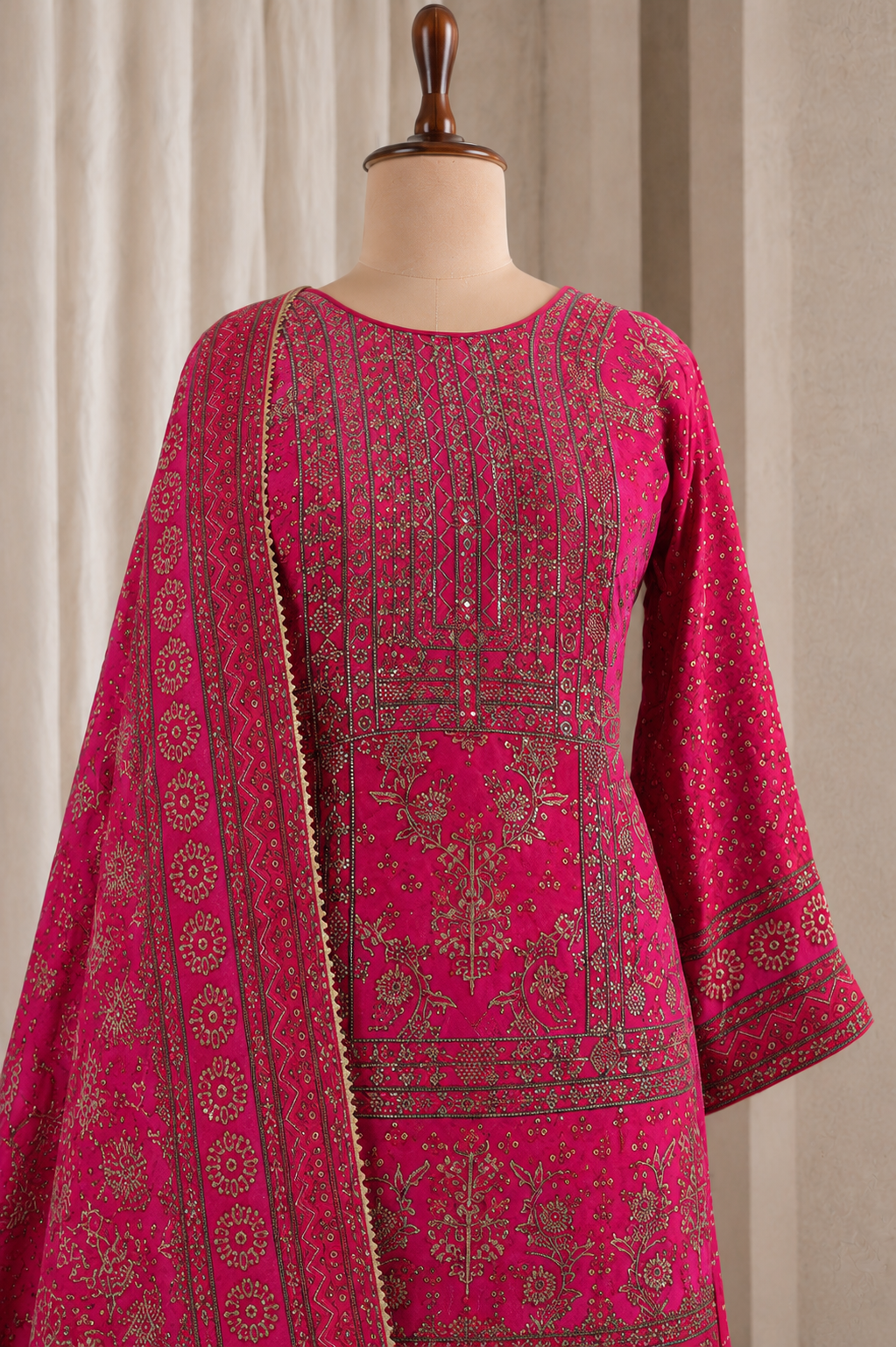 Fuchsia Pink Palazzo  Straight Cut Suit In Swarovski Work