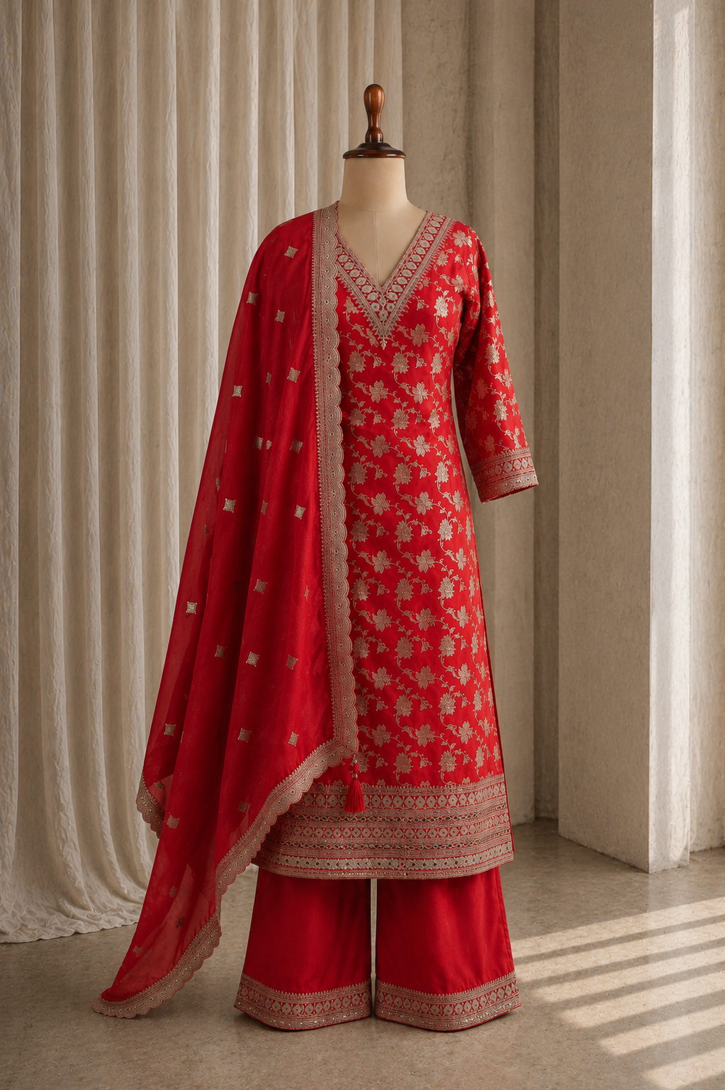Elegant Red Straight Cut Kurti Styled Palazzo Suit