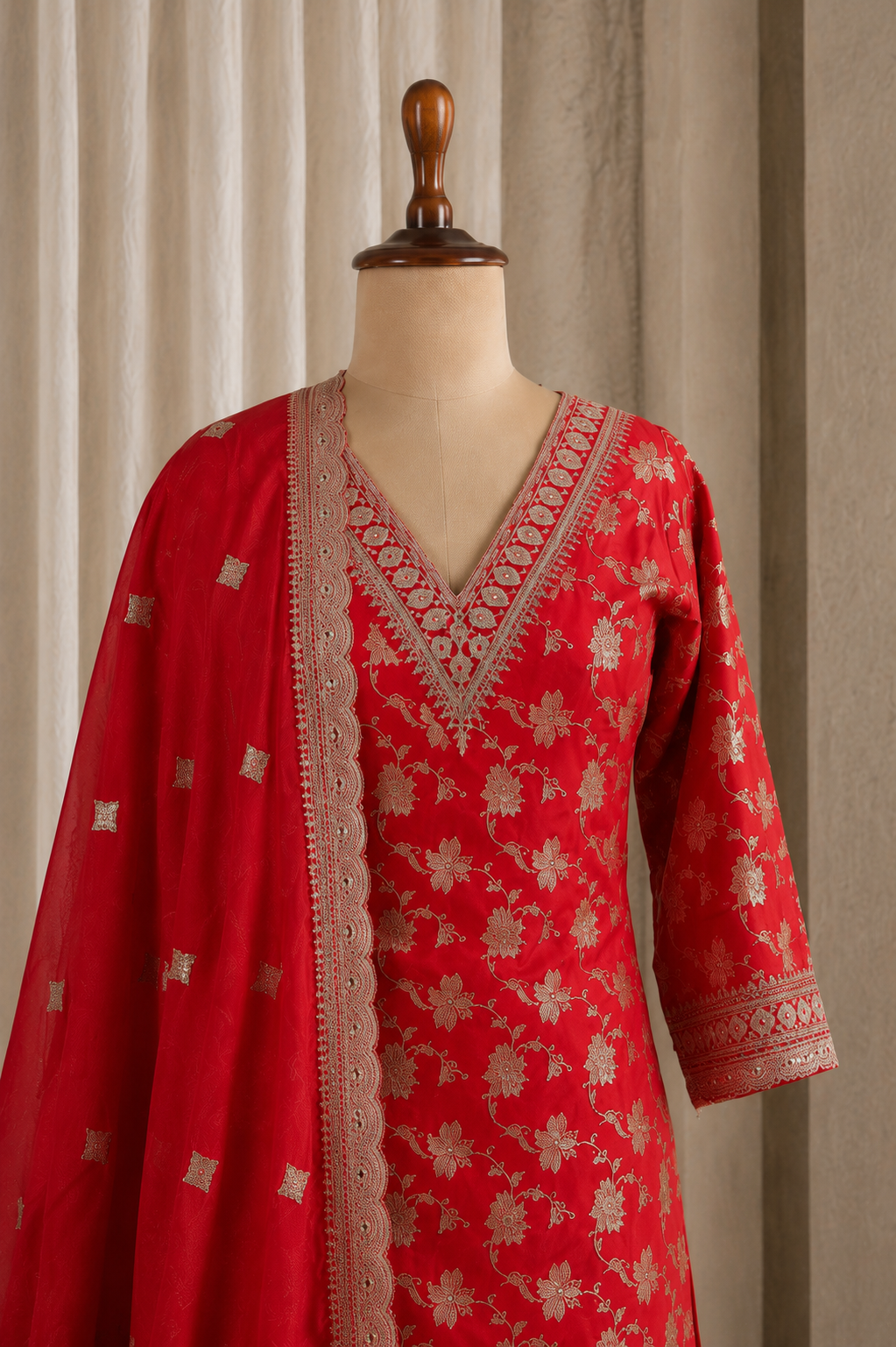Elegant Red Straight Cut Kurti Styled Palazzo Suit