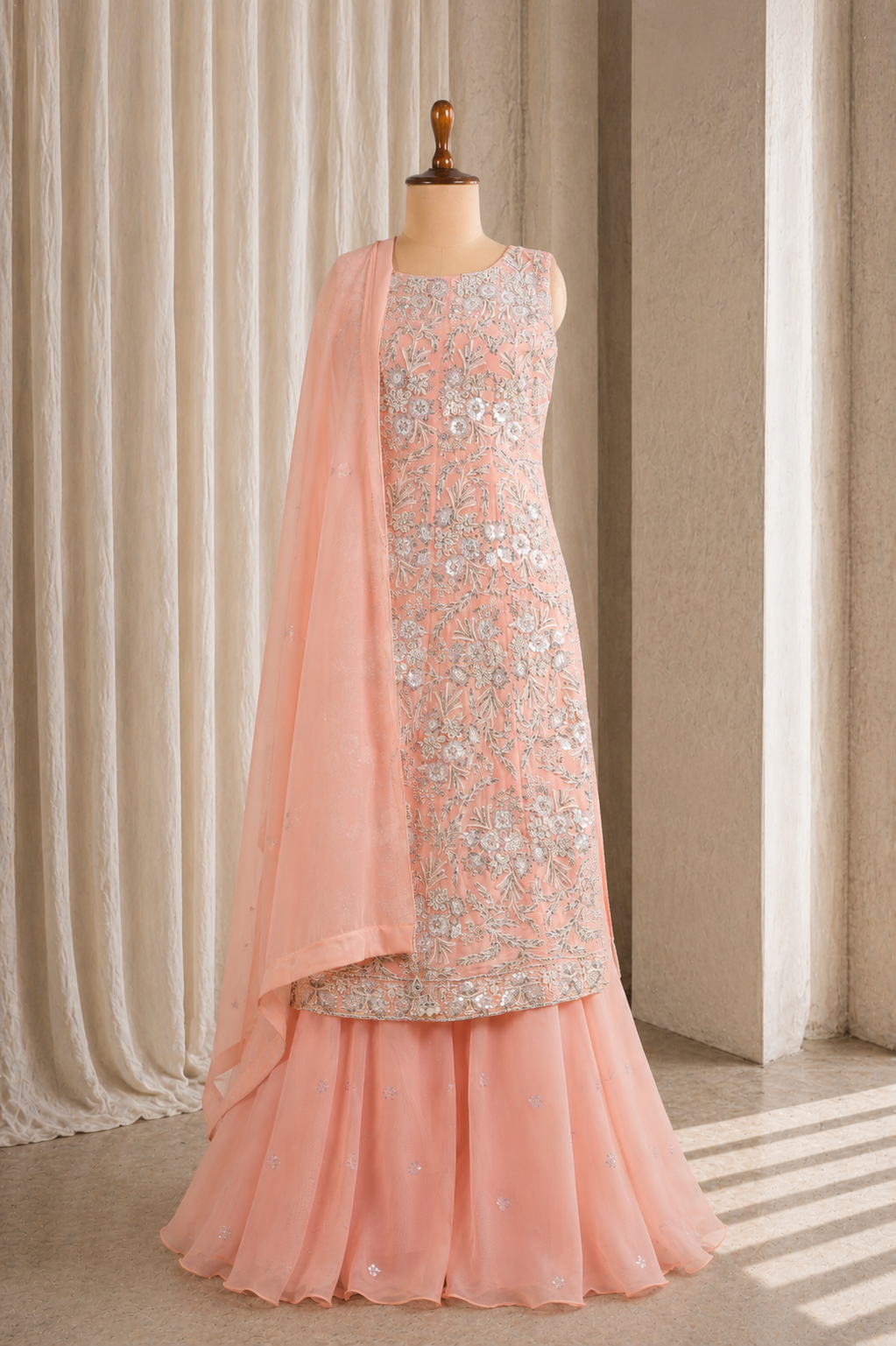 Beautiful Baby Pink Heavy Long Kurti Style Palazzo Pants
