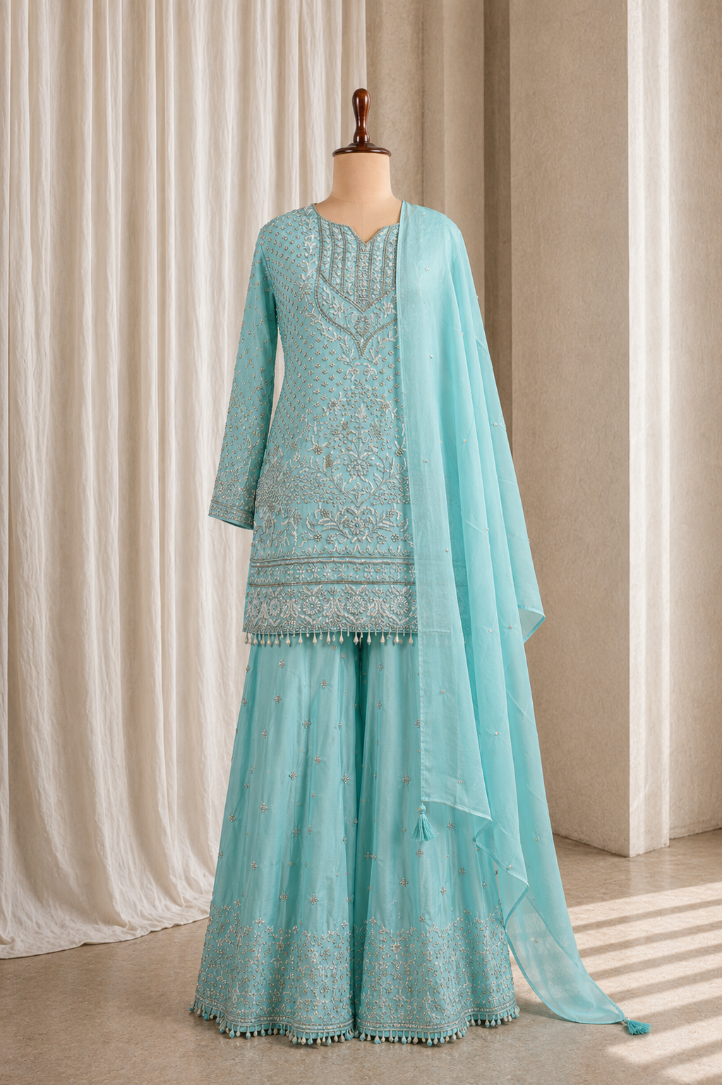 Gorgeous Sky Blue Straight Cut Kurti Styled Palazzo Suit