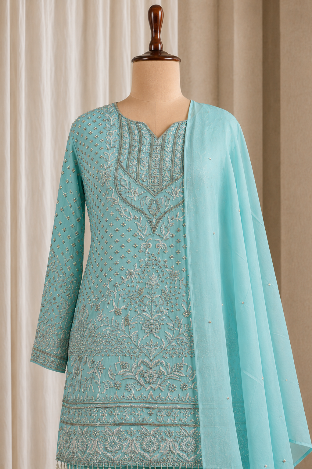 Gorgeous Sky Blue Straight Cut Kurti Styled Palazzo Suit