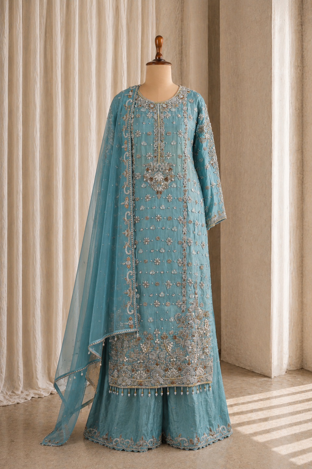 Royal Aqua Blue Heavy Long Kurti Styled Palazzo Suit