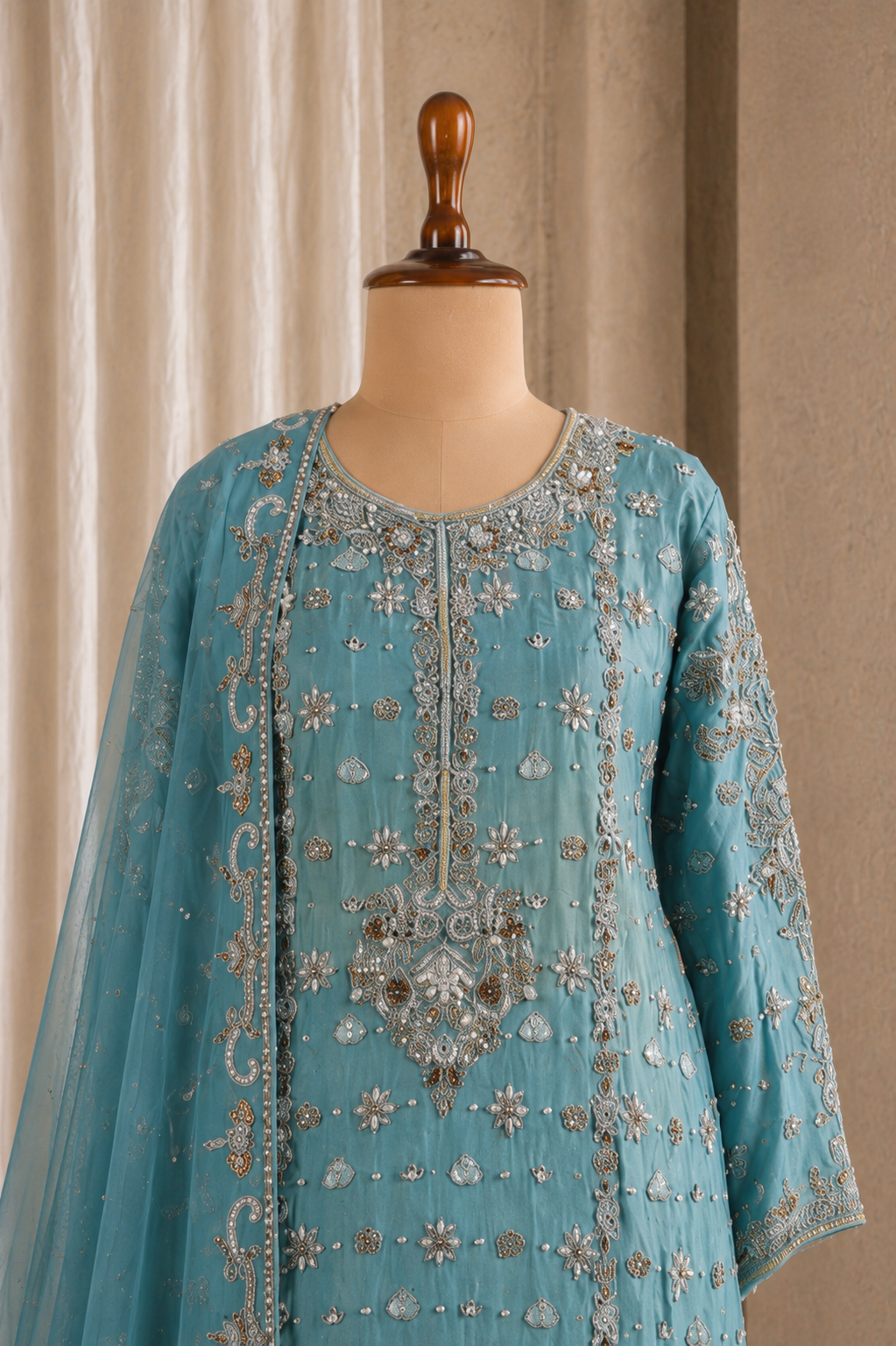 Royal Aqua Blue Heavy Long Kurti Styled Palazzo Suit