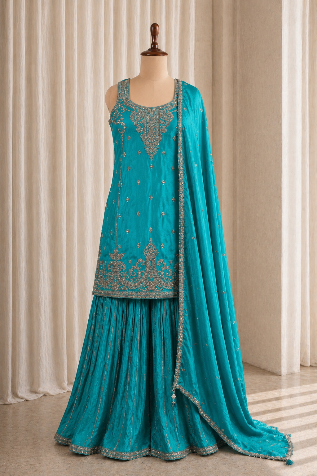 Bright Teal Colored Top Styled Palazzo Suit