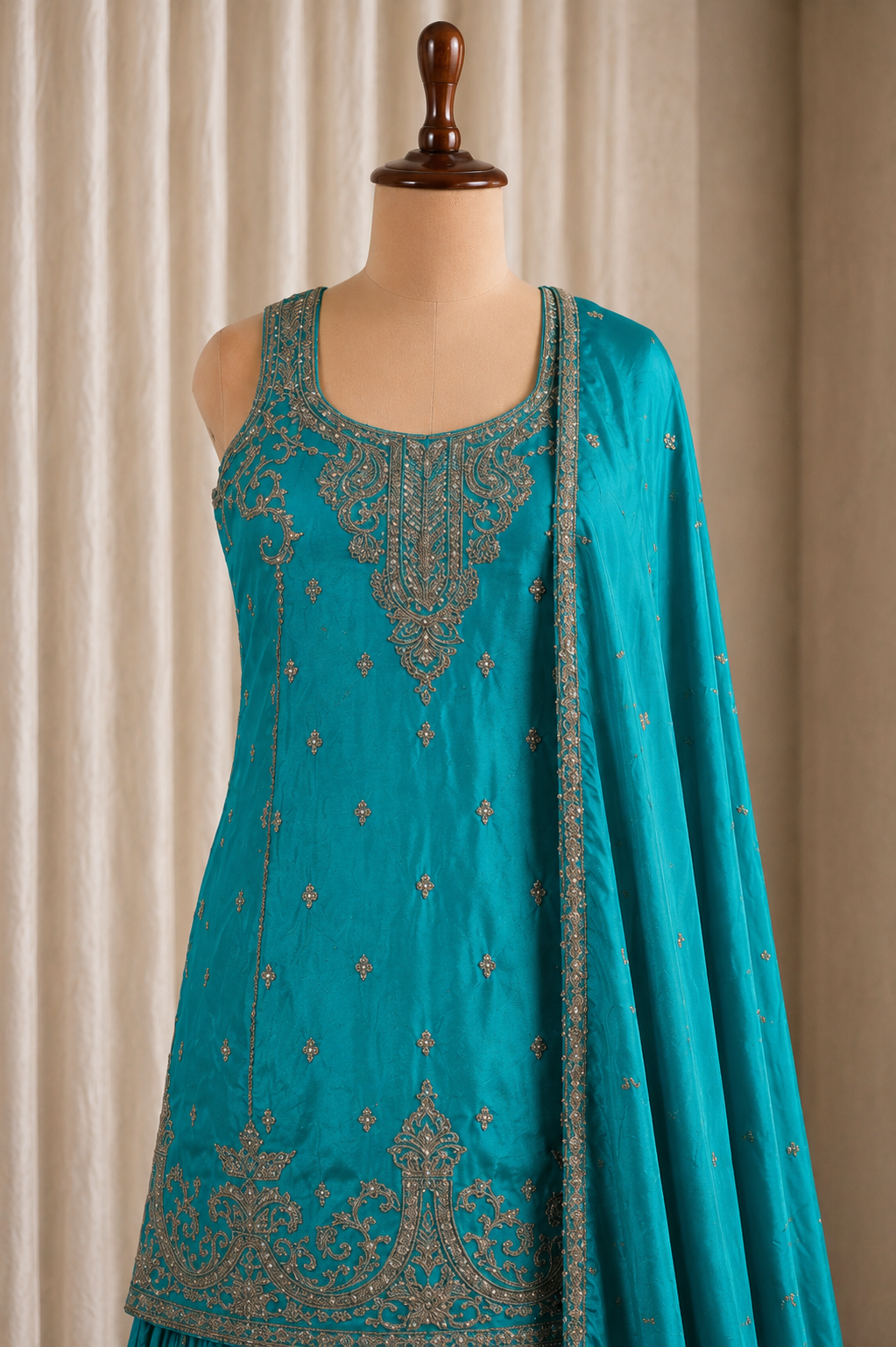 Bright Teal Colored Top Styled Palazzo Suit