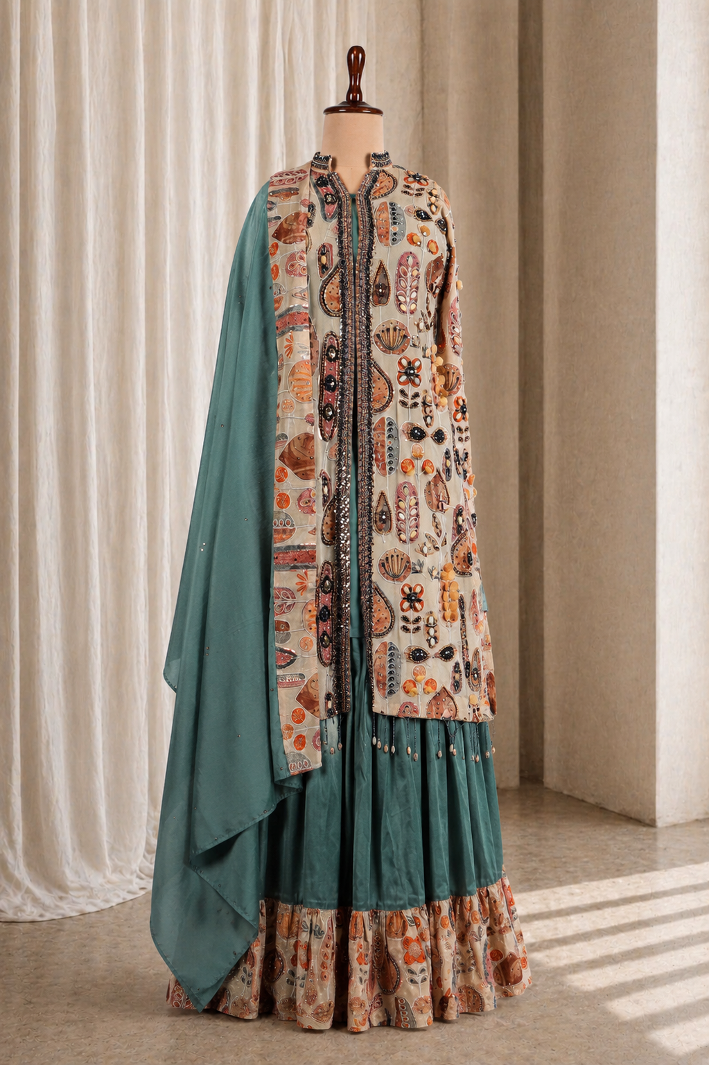 Long Jacket Style Palazzo Suit in Rama-Beige Contrast Color