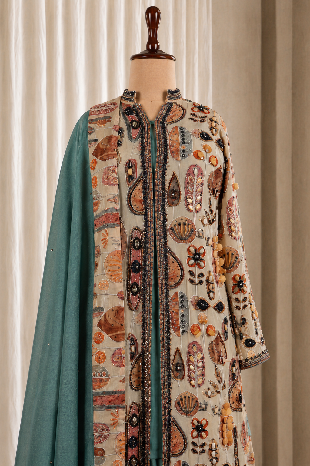 Long Jacket Style Palazzo Suit in Rama-Beige Contrast Color