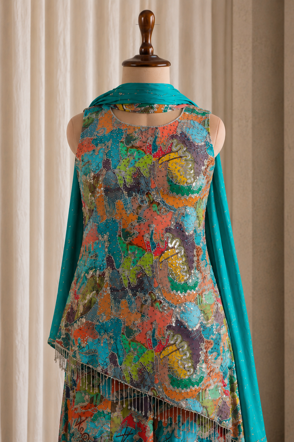 Gorgeous Designer Teal-Multicolored Fancy Cut Top And Palazzo Suit