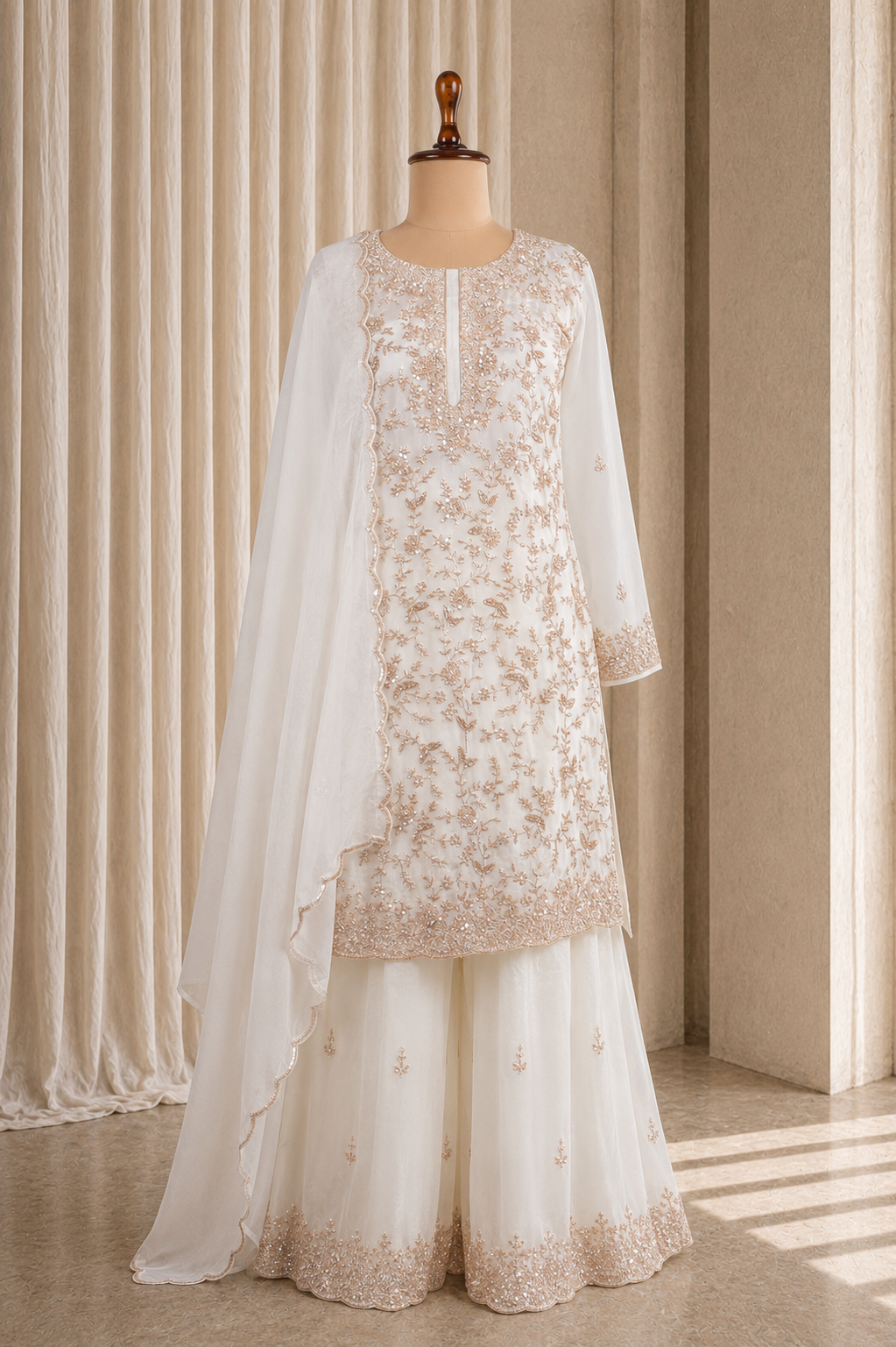 Incredible White Heavy Kurti Styled Palazzo Suit