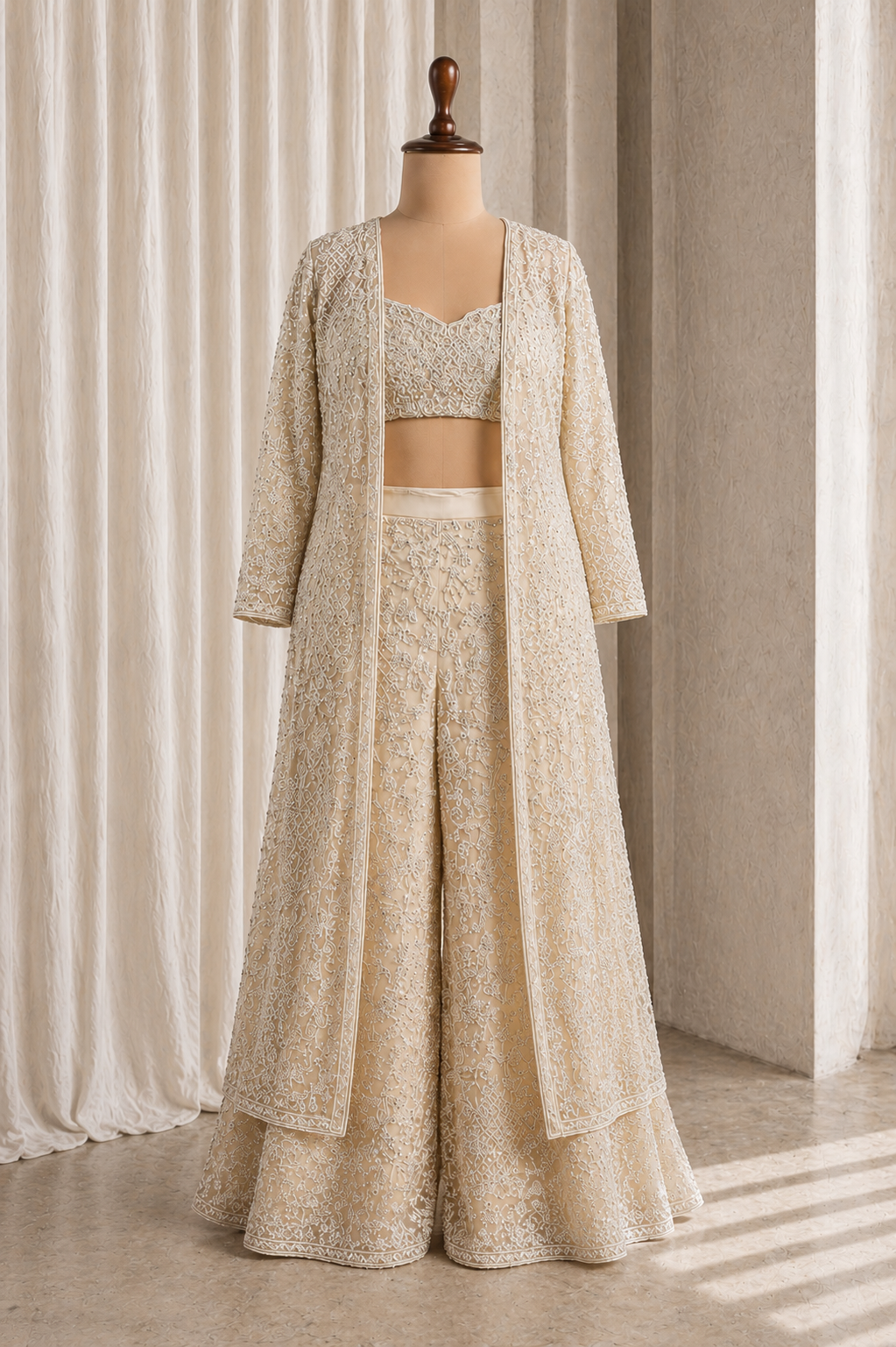 Beautiful Beige Colored jacket Style Palazzo-Choli Suit