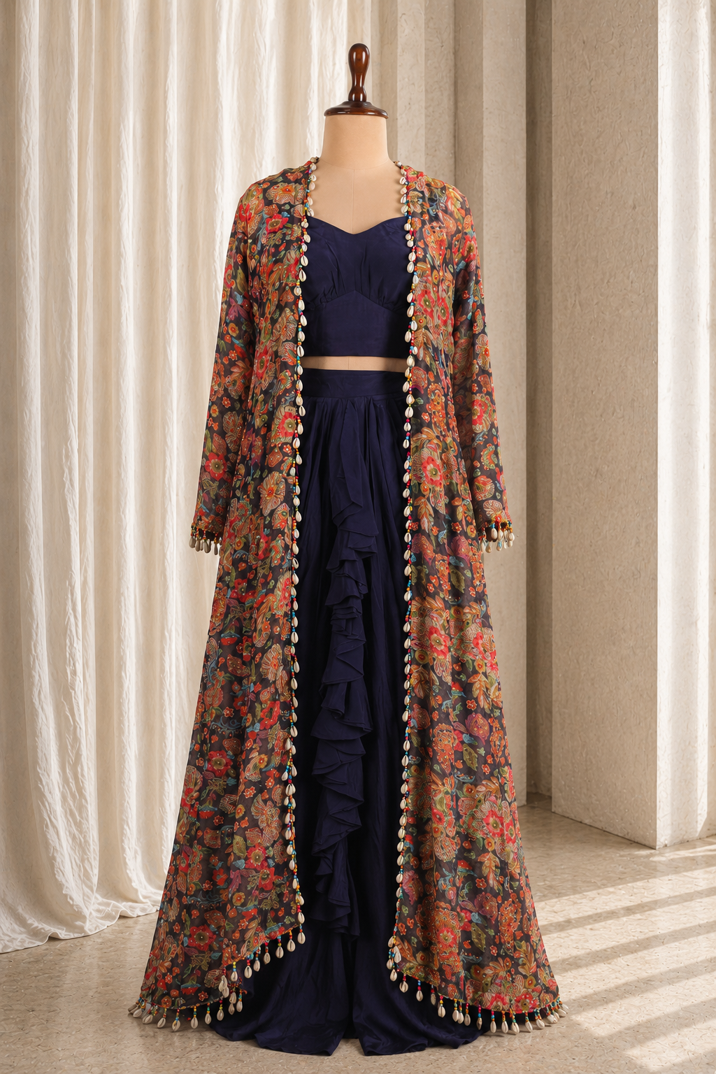 Black Palazzo Choli Suit With Stunning Multicolored Long Jacket