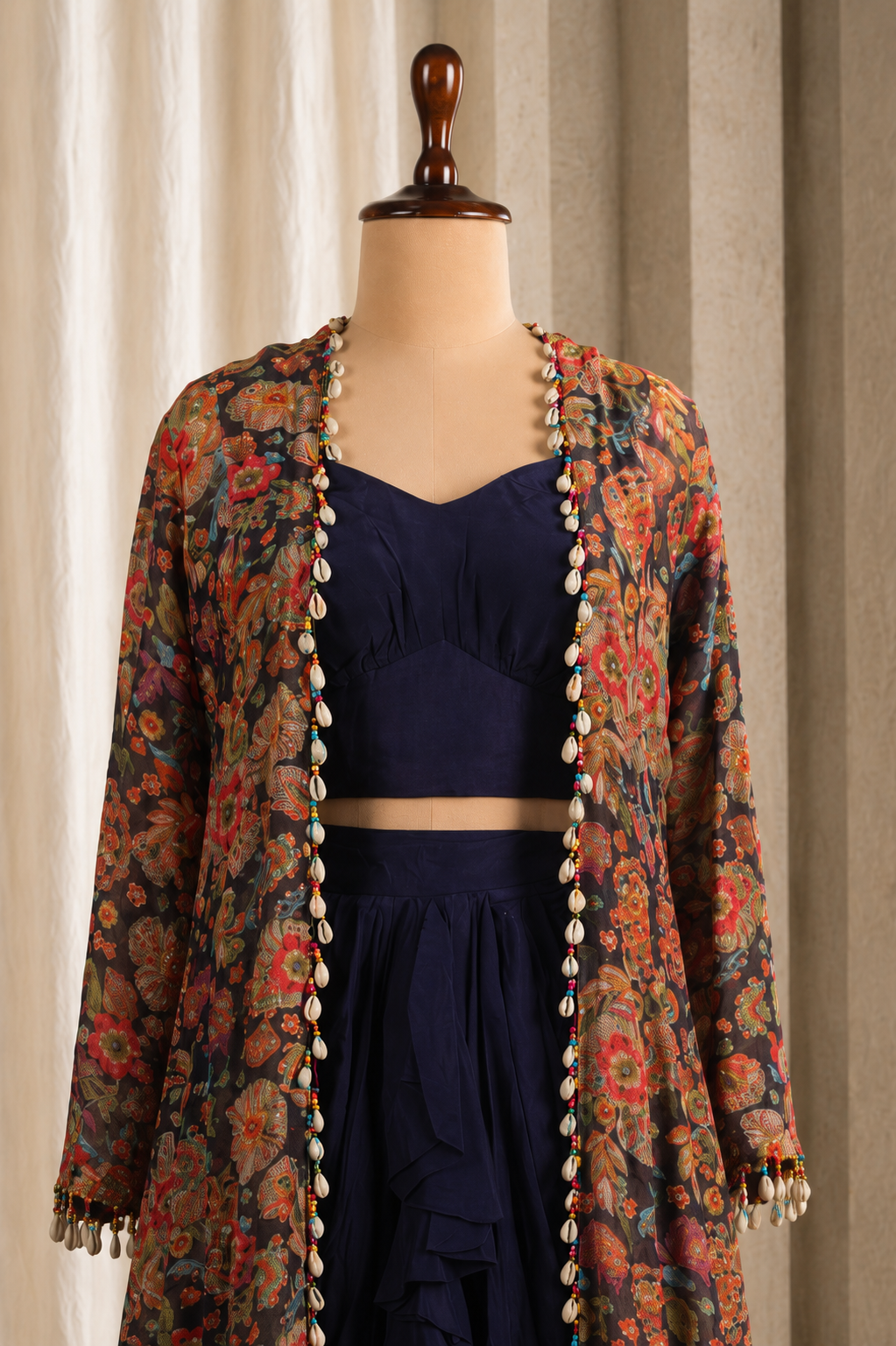 Black Palazzo Choli Suit With Stunning Multicolored Long Jacket