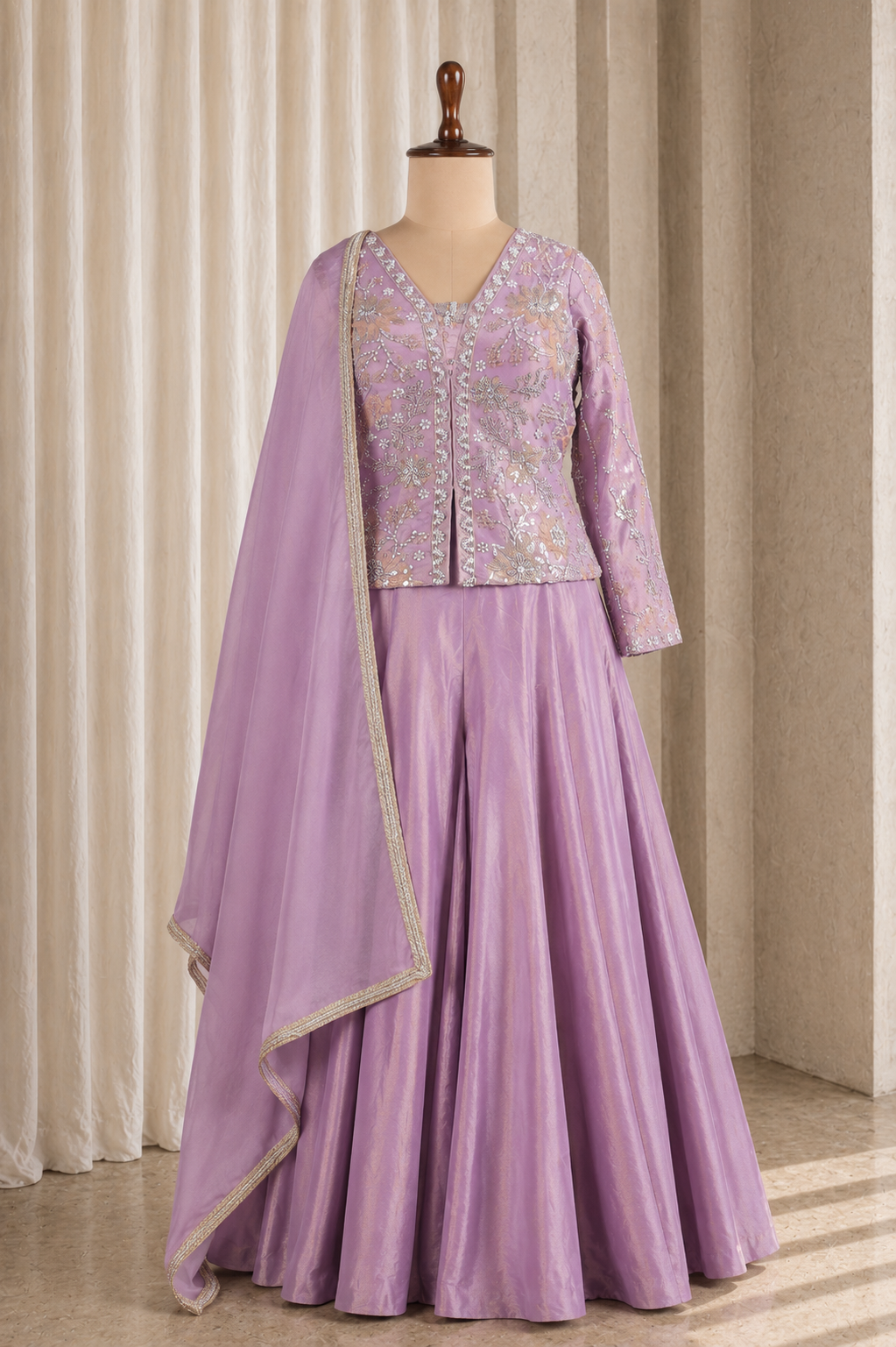 Modest Lavender Long Palazzo Choli Suit On Silk