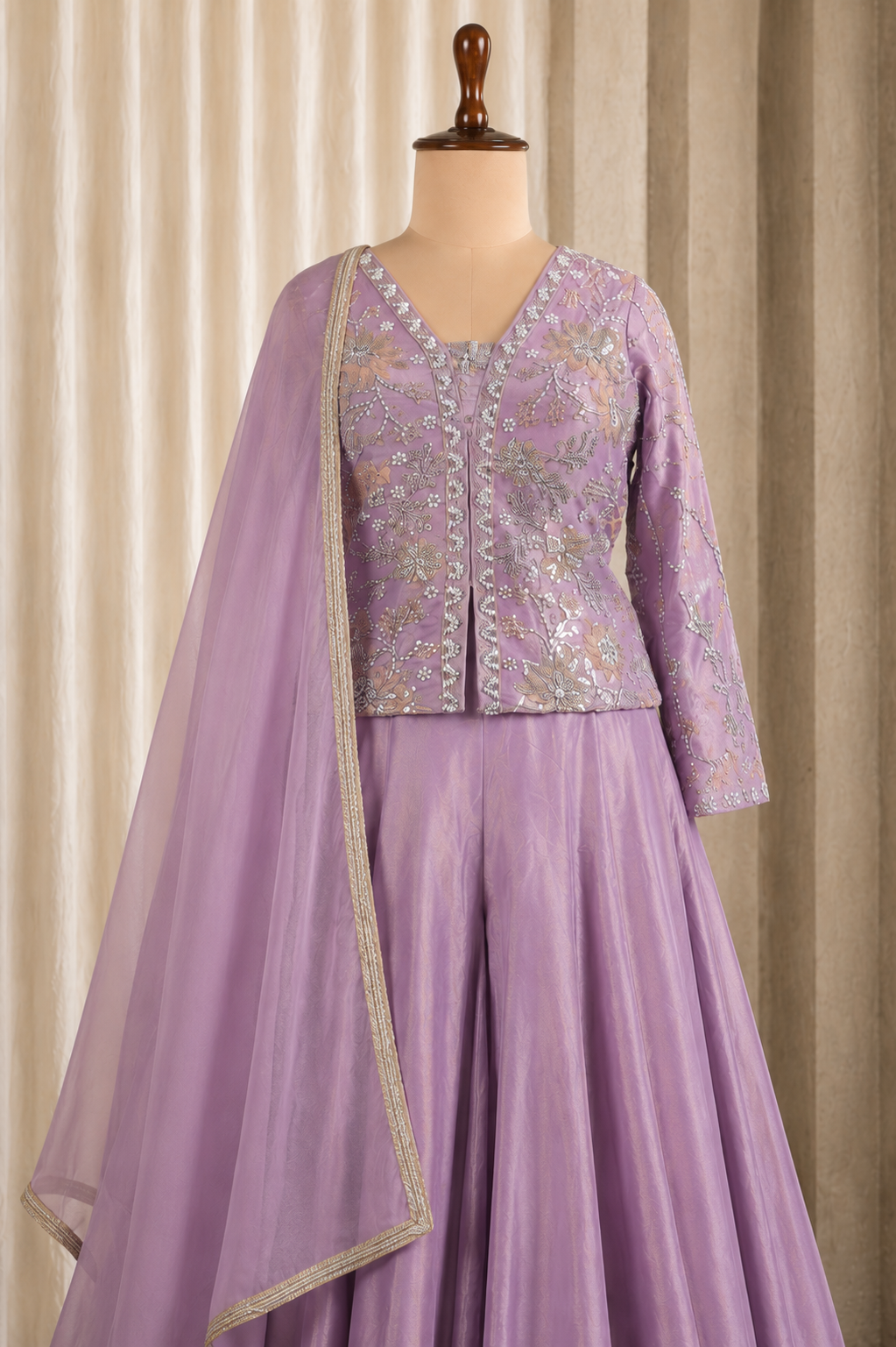 Modest Lavender Long Palazzo Choli Suit On Silk