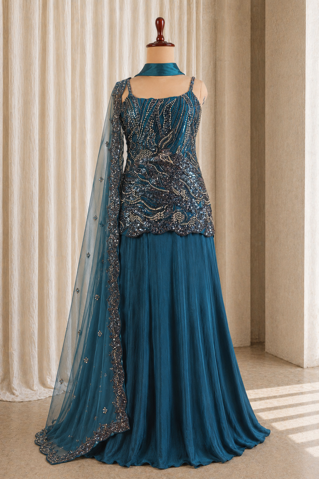 Embellished Georgette And Net Straight Kurta Set in Rama Color