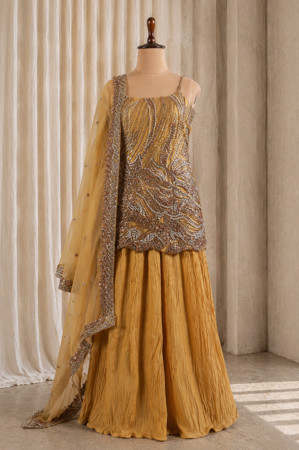 Embellished Georgette And Net Straight Kurta Set in Yellow-Beige