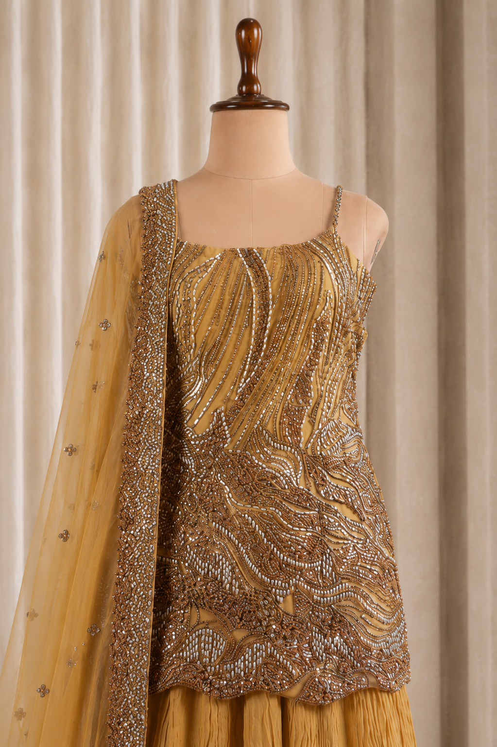 Embellished Georgette And Net Straight Kurta Set in Yellow-Beige