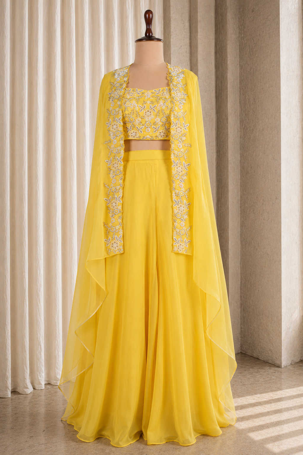Solid Yellow Color Organza Crop Top Set With Jacket