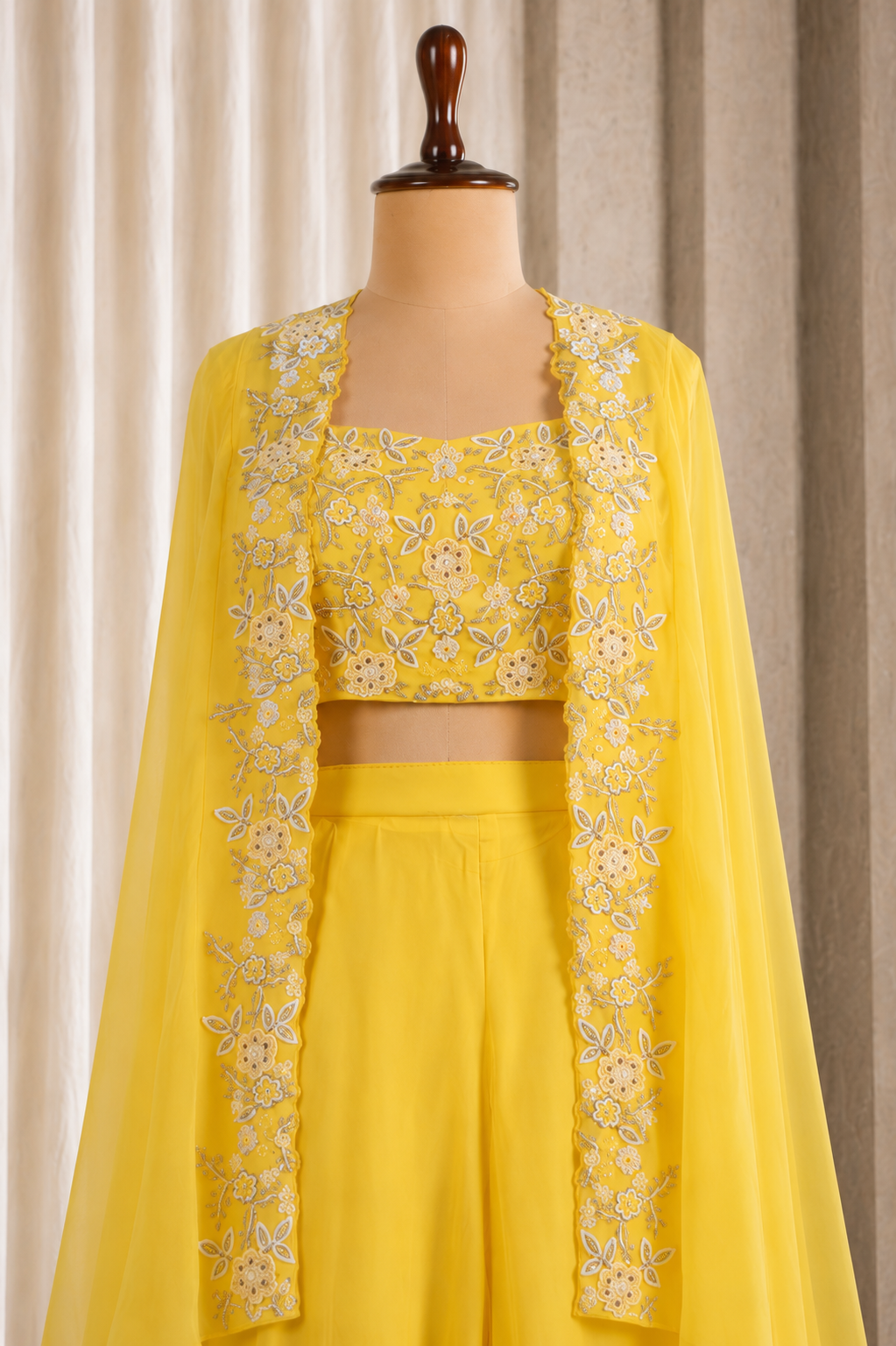 Solid Yellow Color Organza Crop Top Set With Jacket