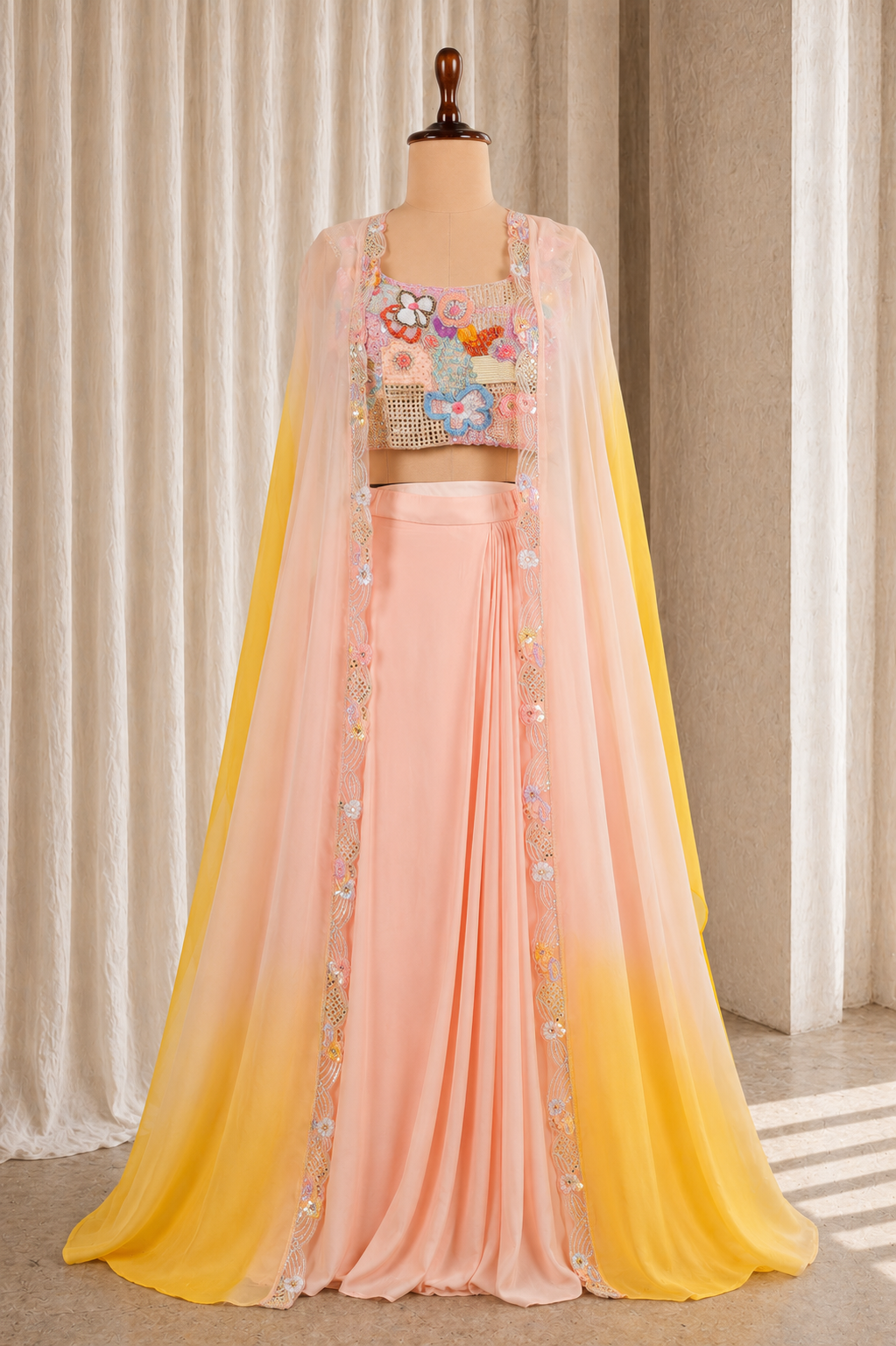 Gorgeous Peach And Yellow Choli-Suit With Ombre Long Jacket