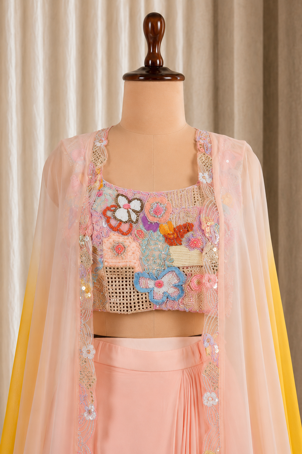 Gorgeous Peach And Yellow Choli-Suit With Ombre Long Jacket