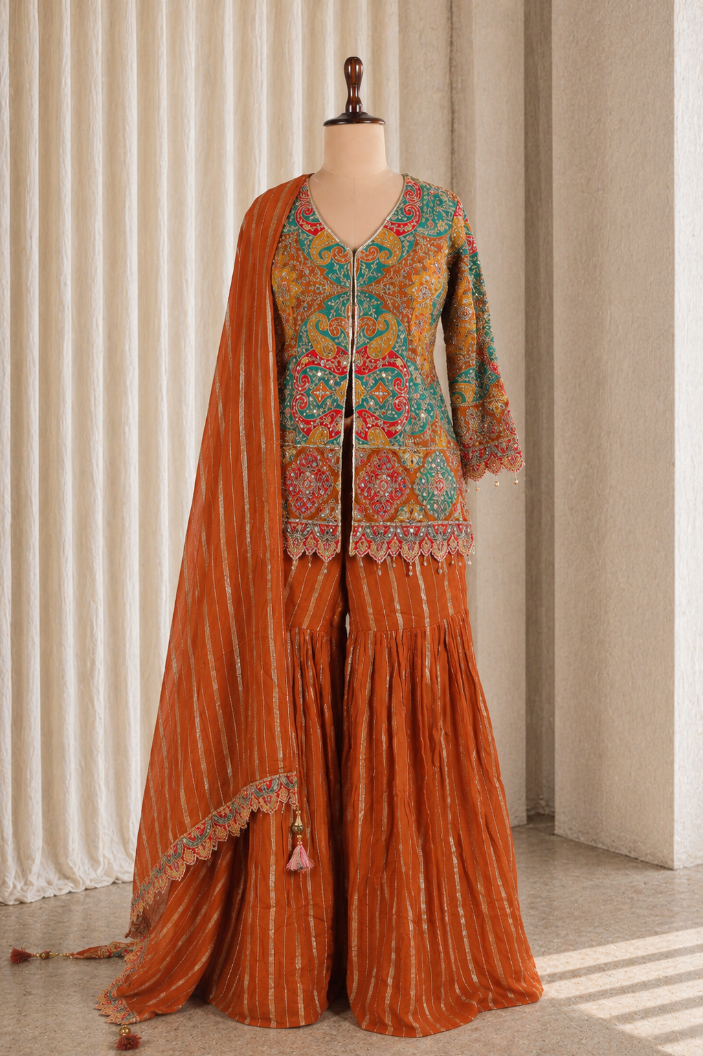 Festive Multicolored Palazzo Suit With Straight Cut top