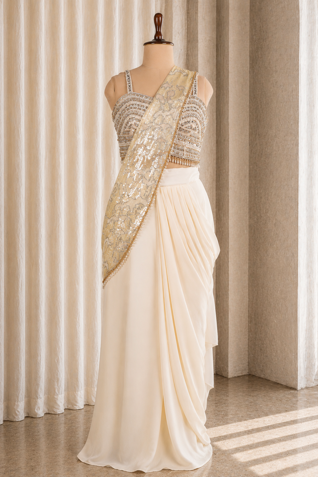 Incredible Beige Draping Saree With Mirror And Designer Work