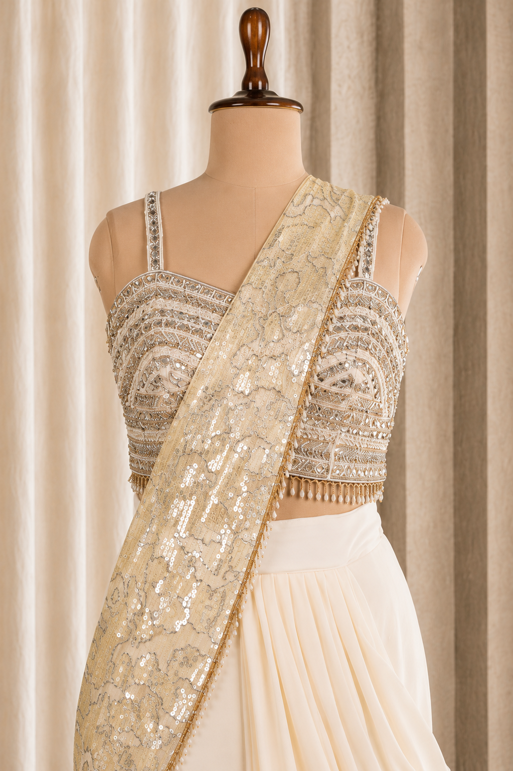 Incredible Beige Draping Saree With Mirror And Designer Work