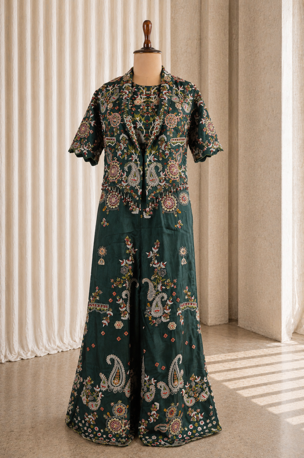 Gorgeous Bottle-Green Jacket Style Choli Suit With Heavy Multi-Colored Work