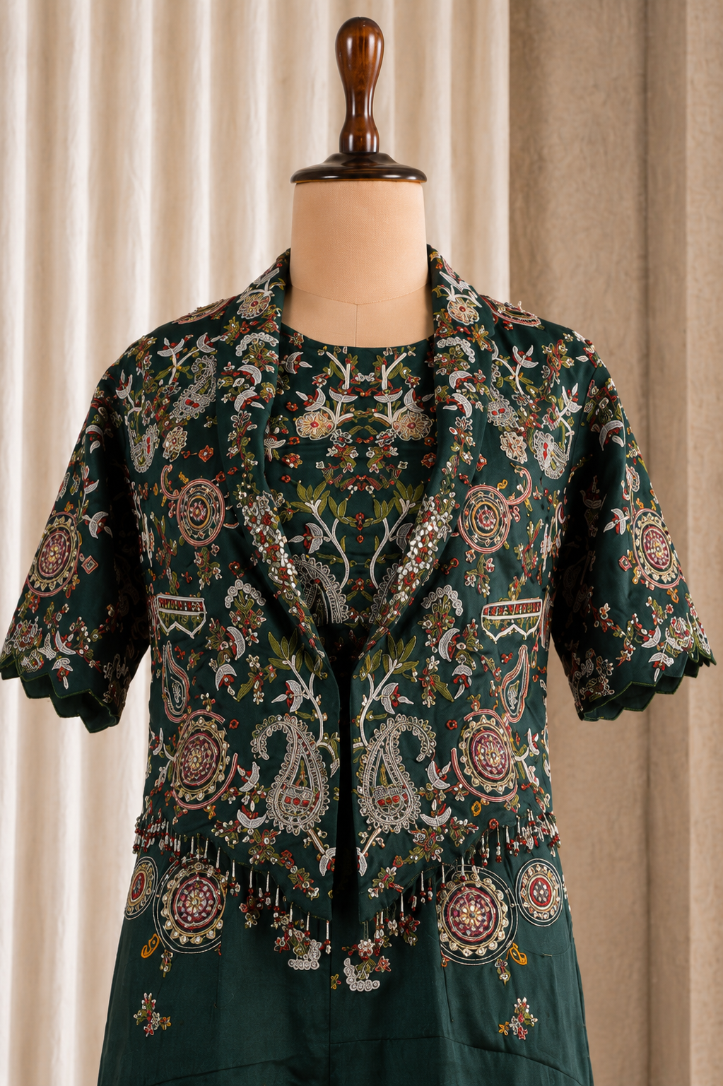 Gorgeous Bottle-Green Jacket Style Choli Suit With Heavy Multi-Colored Work