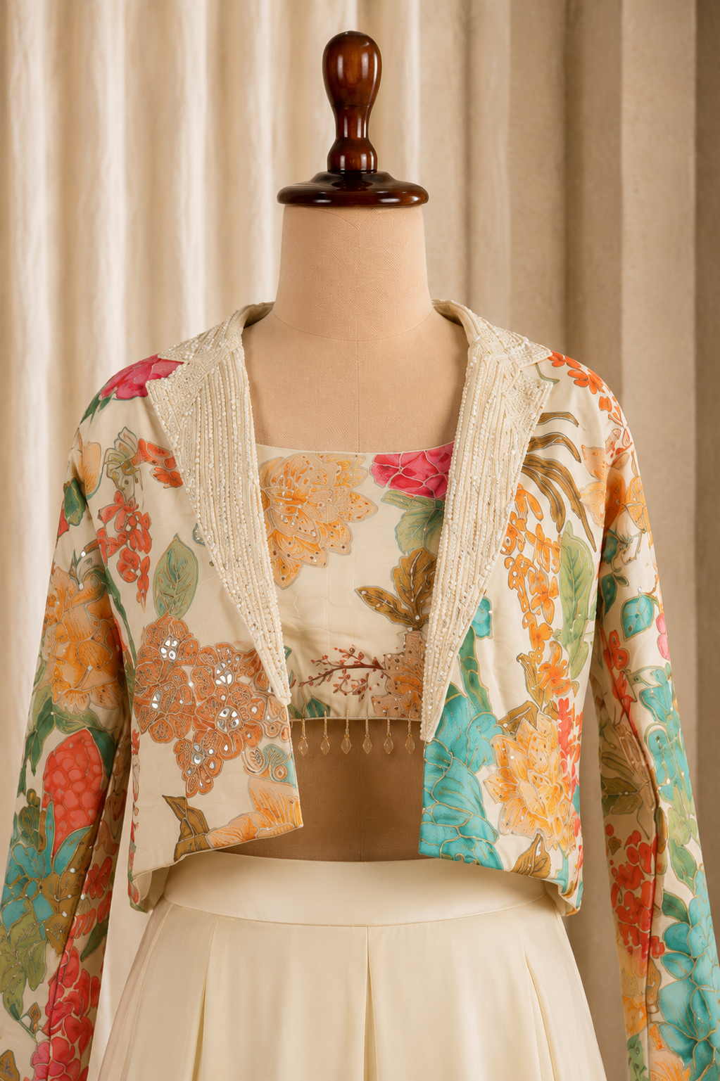 Amazing Beige-Multicolored Choli Suit With Short Jacket