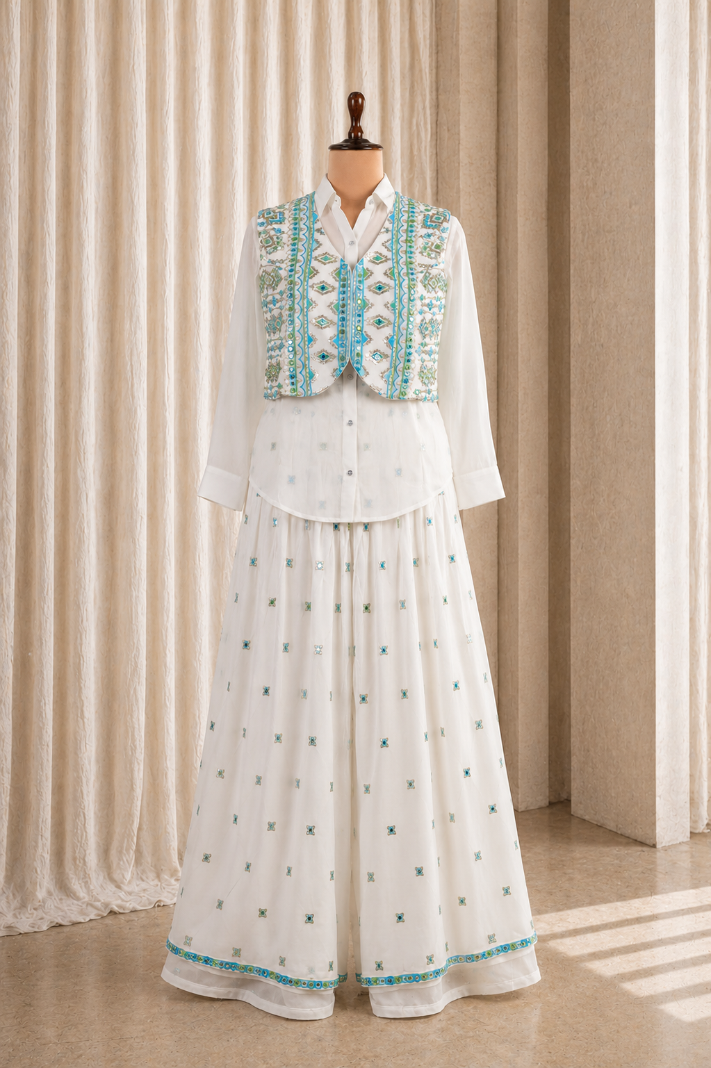 Dashing White Palazzo Top Suit With Simple Sky Blue Work