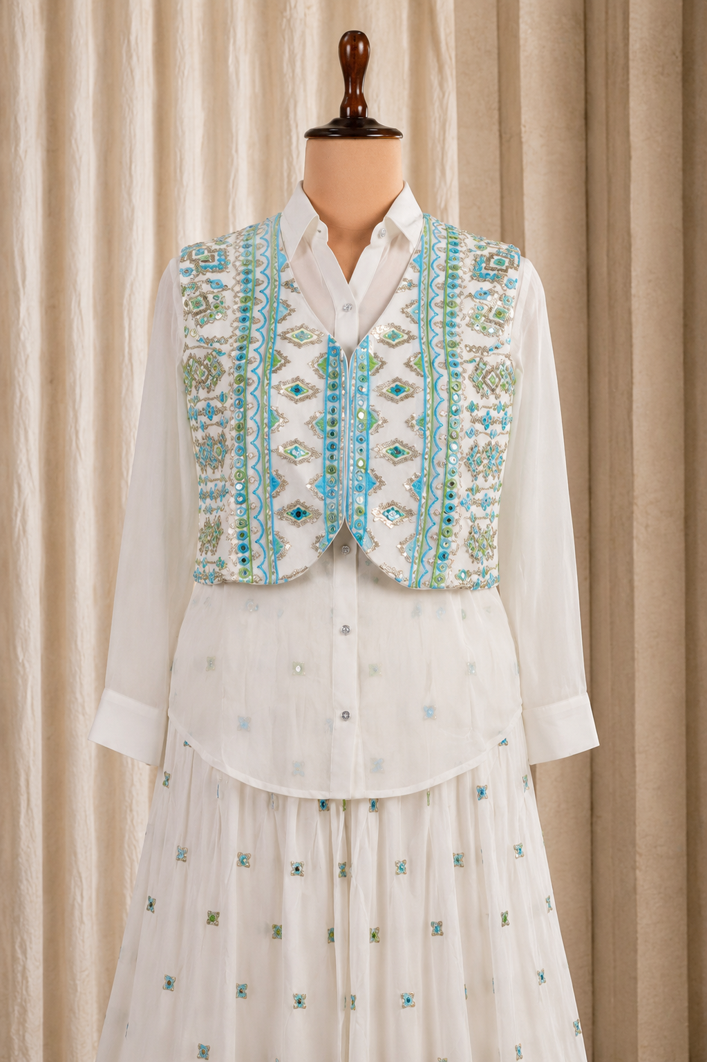 Dashing White Palazzo Top Suit With Simple Sky Blue Work