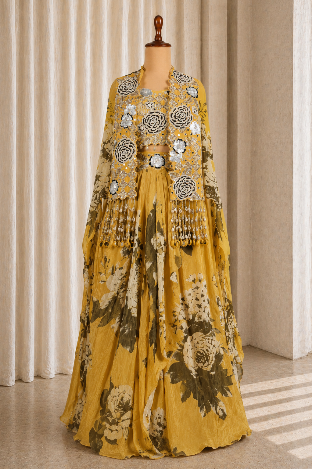 Yellow-Green Multicolored Palazzo Choli-Suit With Long Printed Jacket