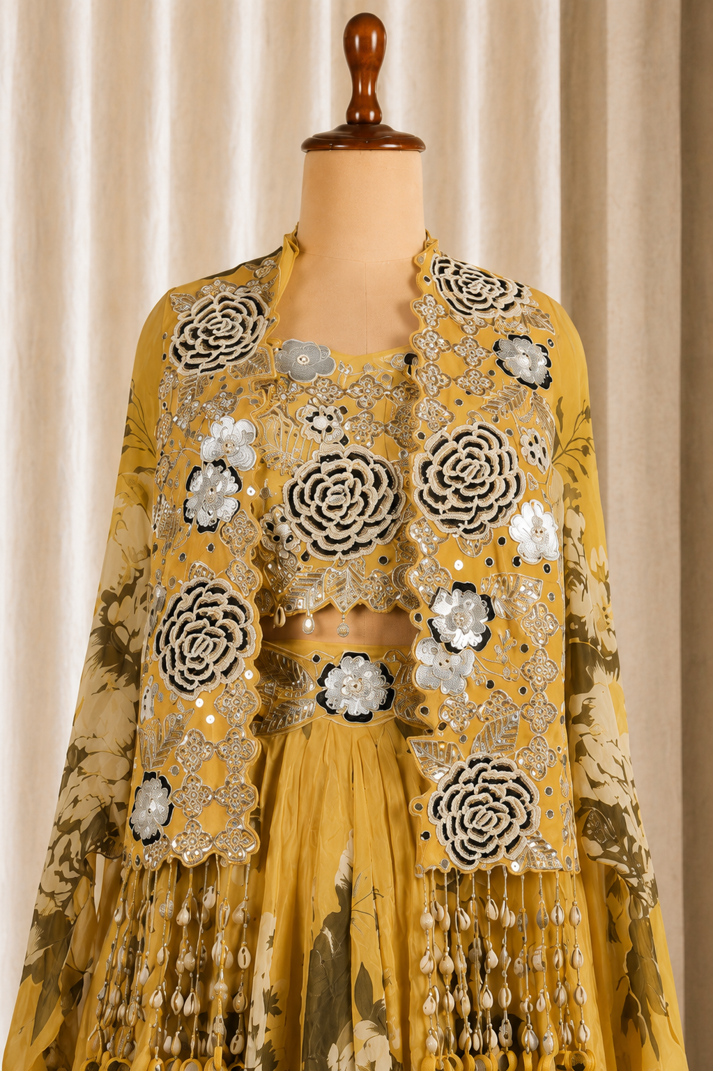 Yellow-Green Multicolored Palazzo Choli-Suit With Long Printed Jacket