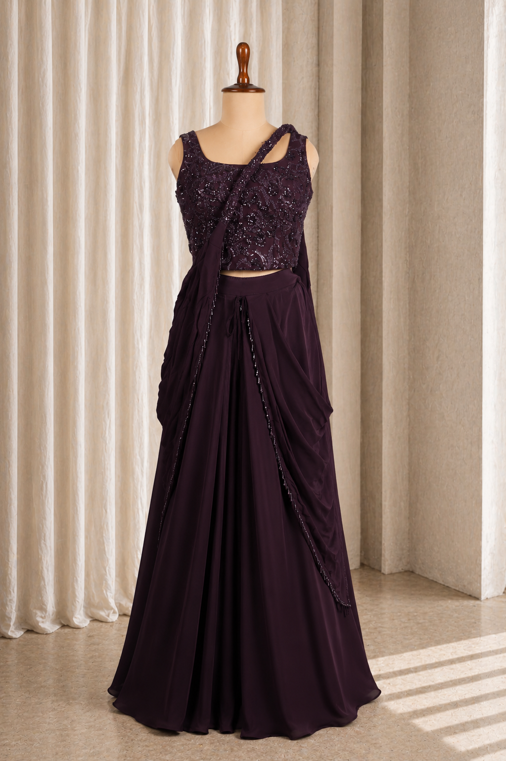 Sequins Chinon Silk Top Set in Wine Color