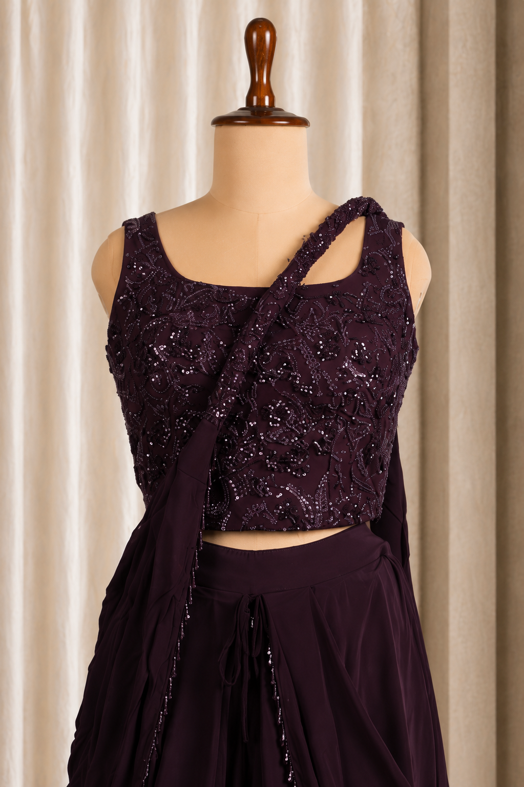 Sequins Chinon Silk Top Set in Wine Color