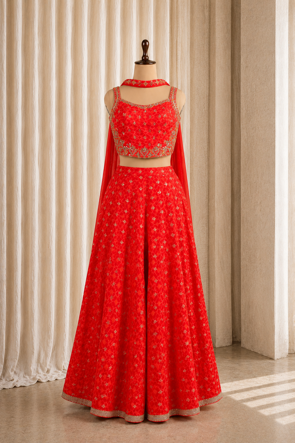 Bright Red-Orange Palazzo Choli Suit On Chinon-Crepe Fabric