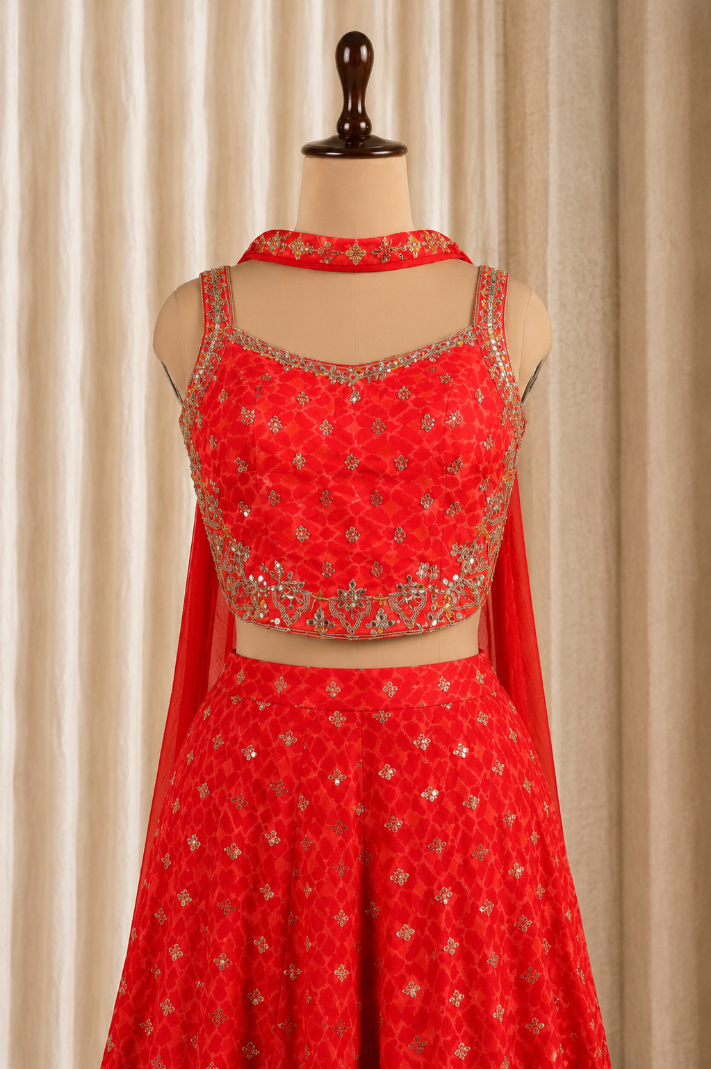 Bright Red-Orange Palazzo Choli Suit On Chinon-Crepe Fabric