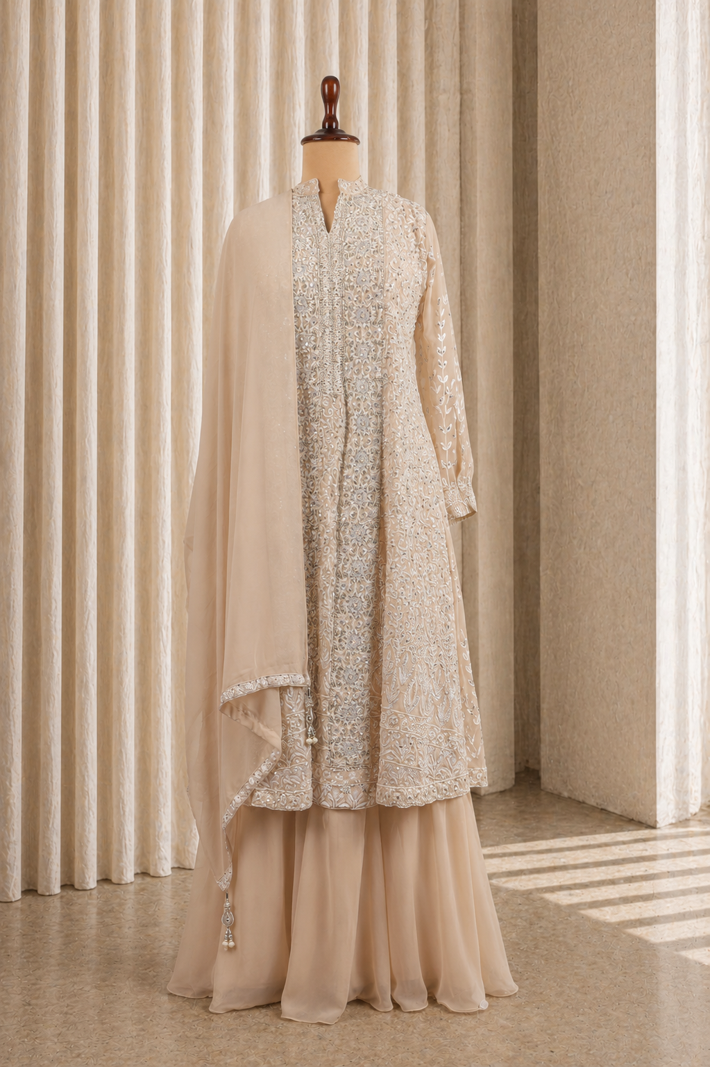 cut dana Zardozi Work and off white Color Palazzo Suits