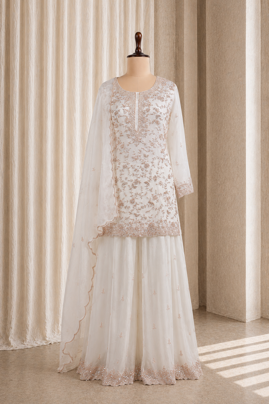 cut dana Zardozi Work and off white Color Palazzo Suits