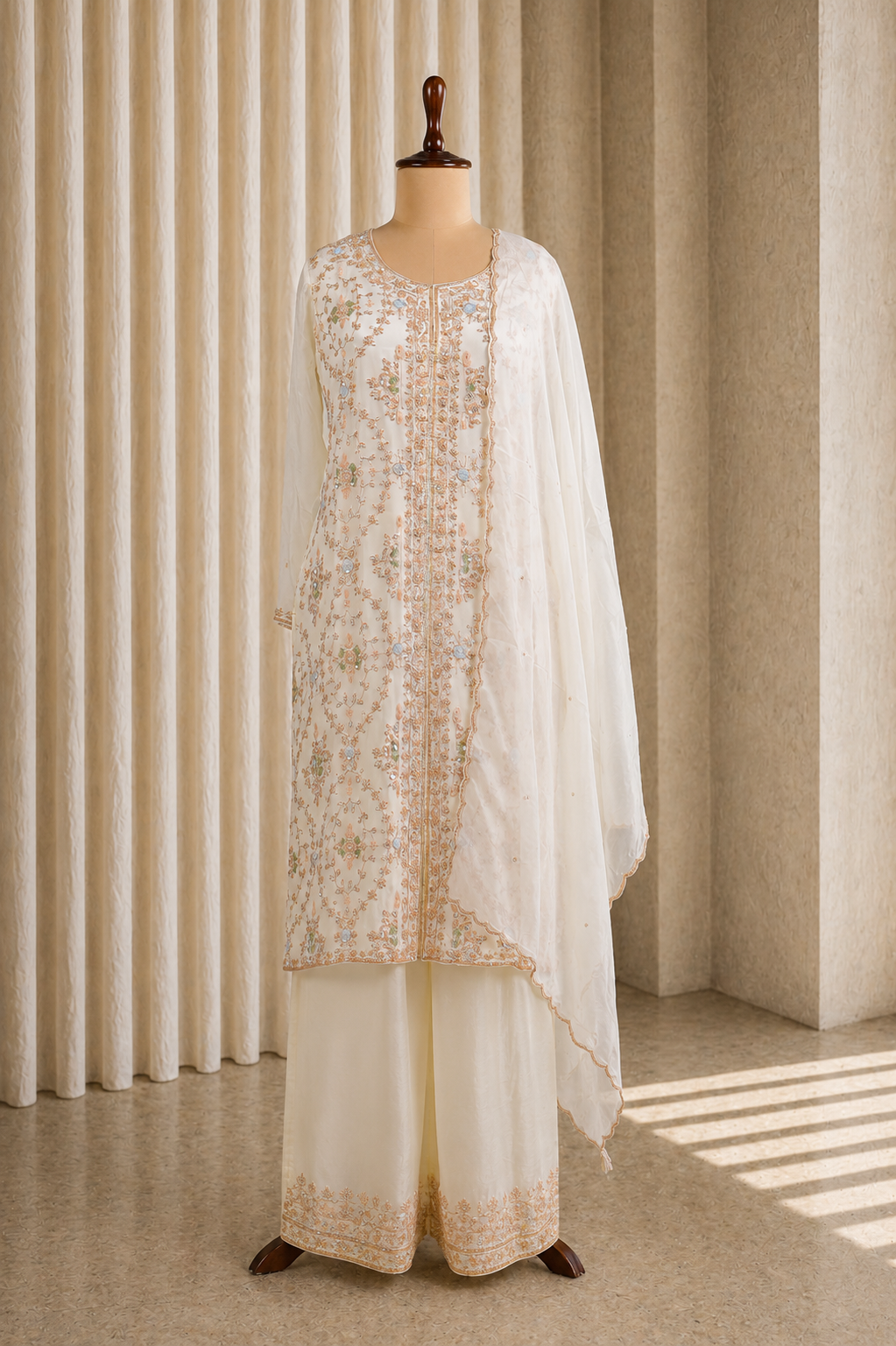 Elegant White Straight Pants And Kurti Suit With Zardozi And diamond Work