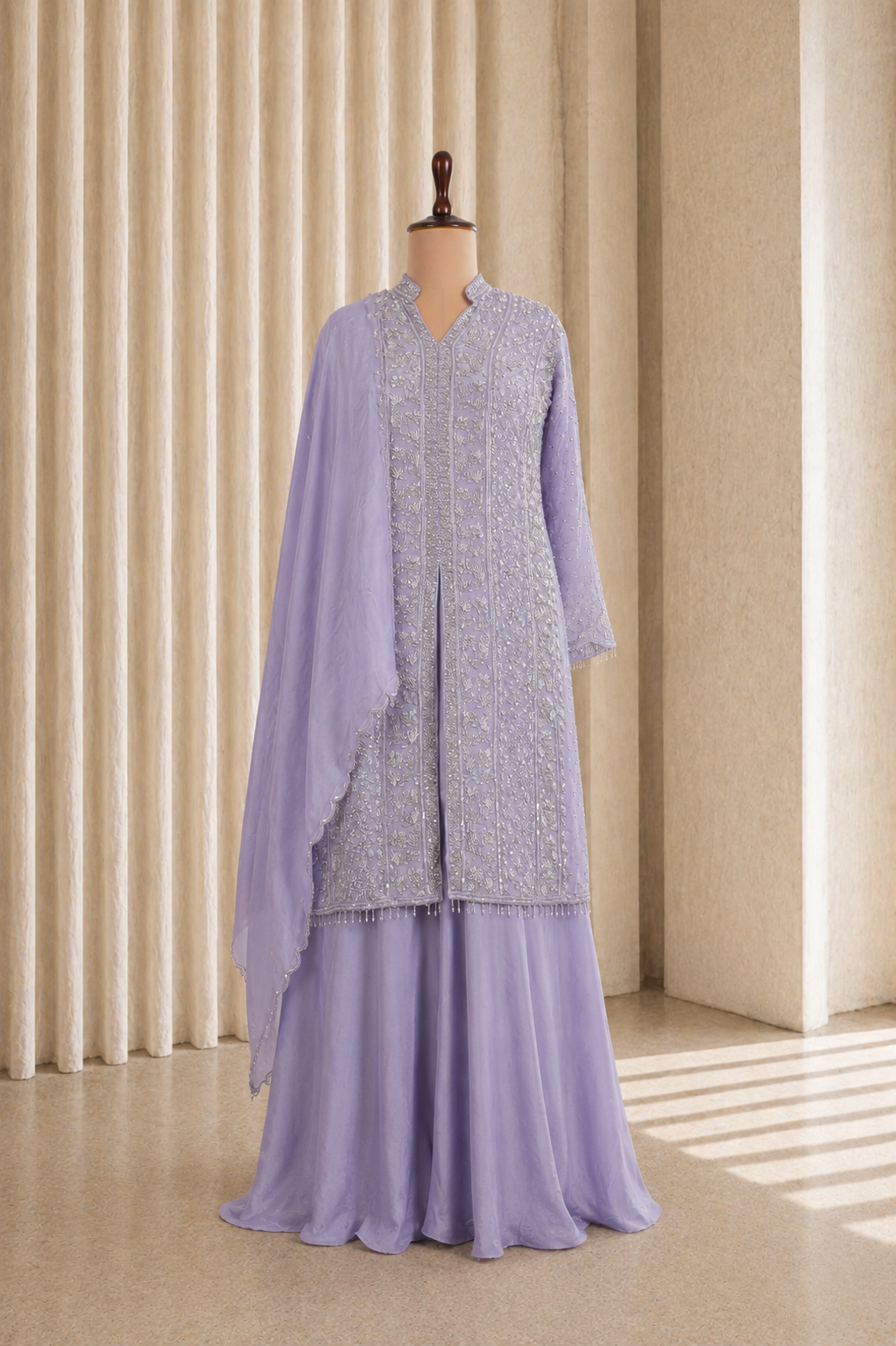 gorgeous lavender palazzo suit with fancy diamond and cut dana work on chiffon
