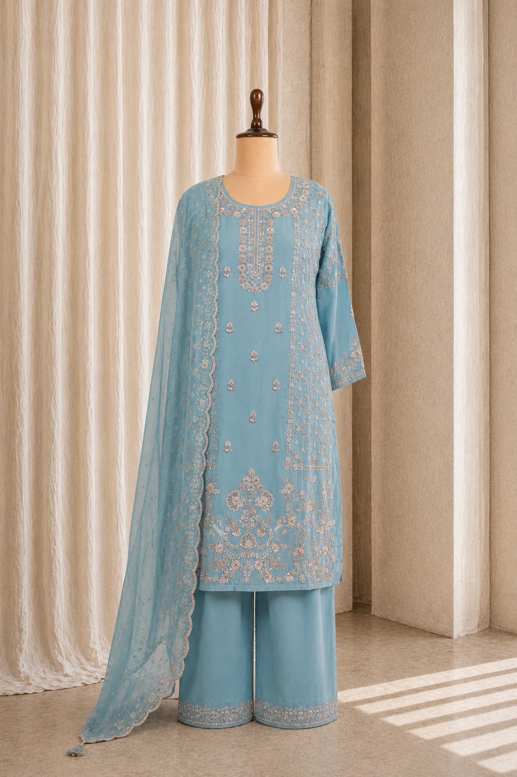 Fantastic Zardozi Work and Grey Color Palazzo Suits