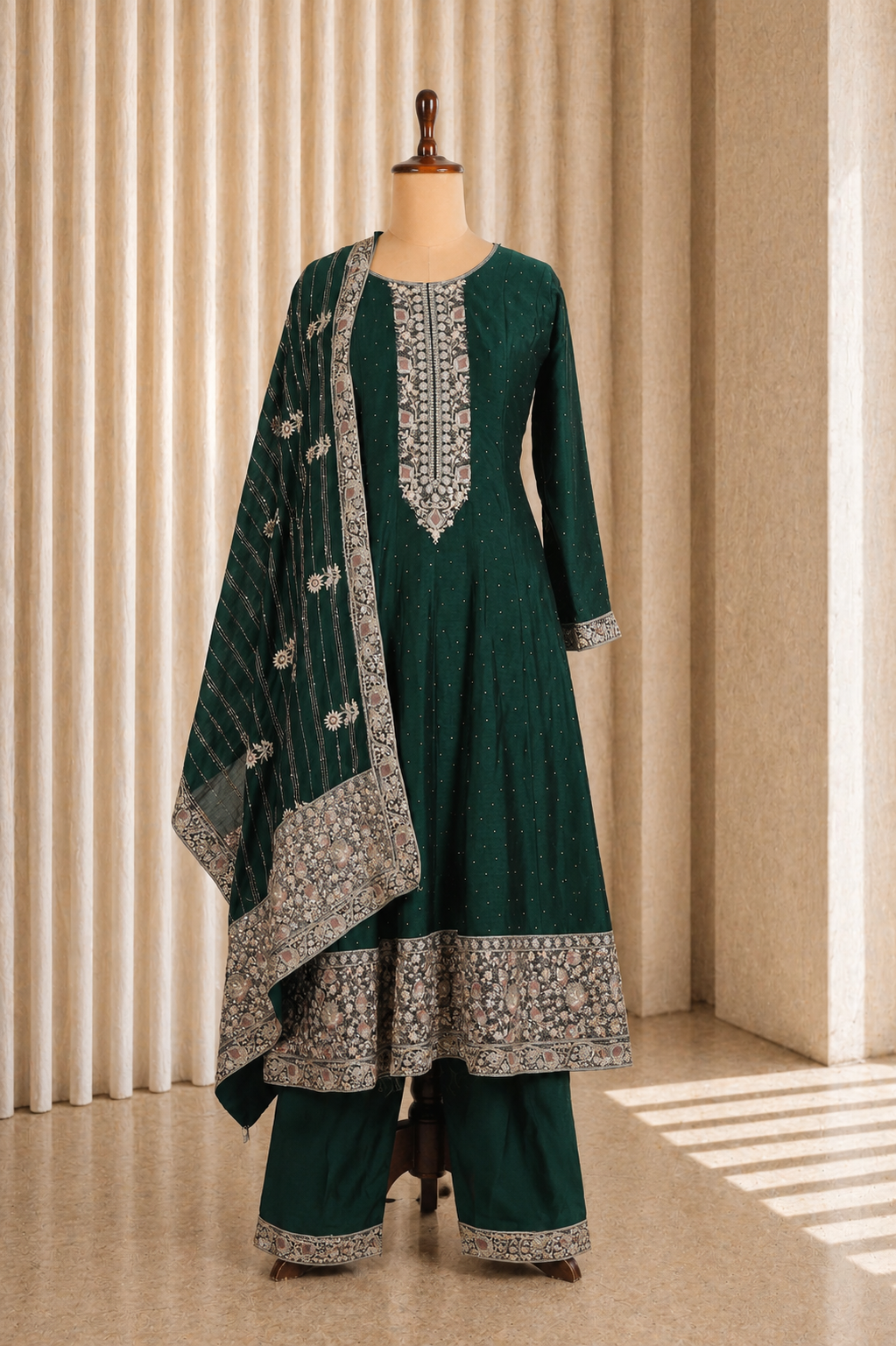 Ravishing Bottle Green Color Chanderi Silk With Embroidered Work Suits