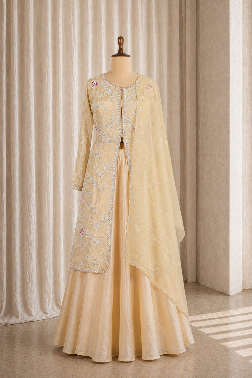 Goodly Beige Color Banarasi Brocade Silk With Applique Work Suits
