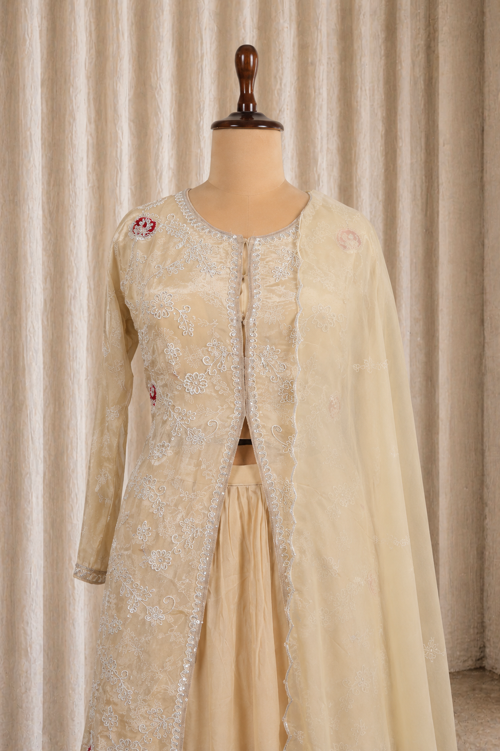 Goodly Beige Color Banarasi Brocade Silk With Applique Work Suits